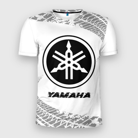 Мужская футболка 3D Slim с принтом Yamaha speed на светлом фоне со следами шин в Тюмени, 100% полиэстер с улучшенными характеристиками | приталенный силуэт, круглая горловина, широкие плечи, сужается к линии бедра | 