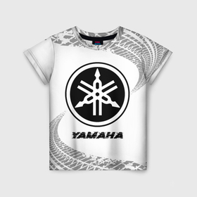Детская футболка 3D с принтом Yamaha speed на светлом фоне со следами шин в Санкт-Петербурге, 100% гипоаллергенный полиэфир | прямой крой, круглый вырез горловины, длина до линии бедер, чуть спущенное плечо, ткань немного тянется | Тематика изображения на принте: 