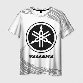 Мужская футболка 3D с принтом Yamaha speed на светлом фоне со следами шин в Санкт-Петербурге, 100% полиэфир | прямой крой, круглый вырез горловины, длина до линии бедер | Тематика изображения на принте: 