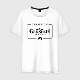 Мужская футболка хлопок с принтом Genshin Impact gaming champion: рамка с лого и джойстиком в Санкт-Петербурге, 100% хлопок | прямой крой, круглый вырез горловины, длина до линии бедер, слегка спущенное плечо. | 
