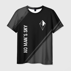 Мужская футболка 3D с принтом No Mans Sky glitch на темном фоне: надпись, символ в Кировске, 100% полиэфир | прямой крой, круглый вырез горловины, длина до линии бедер | 