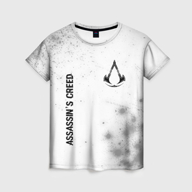 Женская футболка 3D с принтом Assassins Creed glitch на светлом фоне: надпись, символ в Санкт-Петербурге, 100% полиэфир ( синтетическое хлопкоподобное полотно) | прямой крой, круглый вырез горловины, длина до линии бедер | 