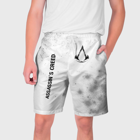 Мужские шорты 3D с принтом Assassins Creed glitch на светлом фоне: надпись, символ в Екатеринбурге,  полиэстер 100% | прямой крой, два кармана без застежек по бокам. Мягкая трикотажная резинка на поясе, внутри которой широкие завязки. Длина чуть выше колен | 