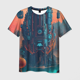Мужская футболка 3D с принтом Космический город на далёкой планете в Кировске, 100% полиэфир | прямой крой, круглый вырез горловины, длина до линии бедер | 