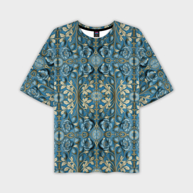 Мужская футболка oversize 3D с принтом Объемные голубые цветы с золотыми вензелями в Екатеринбурге,  |  | 