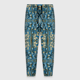 Мужские брюки 3D с принтом Объемные голубые цветы с золотыми вензелями в Тюмени, 100% полиэстер | манжеты по низу, эластичный пояс регулируется шнурком, по бокам два кармана без застежек, внутренняя часть кармана из мелкой сетки | 