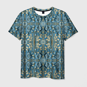 Мужская футболка 3D с принтом Объемные голубые цветы с золотыми вензелями в Петрозаводске, 100% полиэфир | прямой крой, круглый вырез горловины, длина до линии бедер | 