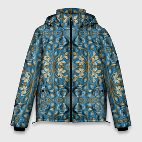 Мужская зимняя куртка 3D с принтом Объемные голубые цветы с золотыми вензелями в Екатеринбурге, верх — 100% полиэстер; подкладка — 100% полиэстер; утеплитель — 100% полиэстер | длина ниже бедра, свободный силуэт Оверсайз. Есть воротник-стойка, отстегивающийся капюшон и ветрозащитная планка. 

Боковые карманы с листочкой на кнопках и внутренний карман на молнии. | 