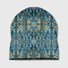 Шапка 3D с принтом Объемные голубые цветы с золотыми вензелями в Тюмени, 100% полиэстер | универсальный размер, печать по всей поверхности изделия | 