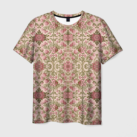 Мужская футболка 3D с принтом Розовые цветы и вензеля в Екатеринбурге, 100% полиэфир | прямой крой, круглый вырез горловины, длина до линии бедер | 