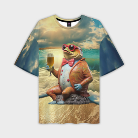 Мужская футболка oversize 3D с принтом Карп на берегу пьет пиво ,  |  | 