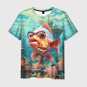 Мужская футболка 3D с принтом Рыбка в  озере , 100% полиэфир | прямой крой, круглый вырез горловины, длина до линии бедер | 