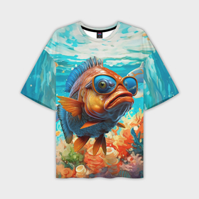 Мужская футболка oversize 3D с принтом Рыба в солнечных очках в воде в Петрозаводске,  |  | 