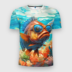 Мужская футболка 3D Slim с принтом Рыба в солнечных очках в воде в Петрозаводске, 100% полиэстер с улучшенными характеристиками | приталенный силуэт, круглая горловина, широкие плечи, сужается к линии бедра | 