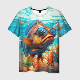 Мужская футболка 3D с принтом Рыба в солнечных очках в воде , 100% полиэфир | прямой крой, круглый вырез горловины, длина до линии бедер | 
