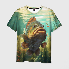 Мужская футболка 3D с принтом Карп в  озере , 100% полиэфир | прямой крой, круглый вырез горловины, длина до линии бедер | 
