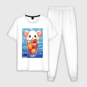 Мужская пижама хлопок с принтом Хомячок в  стакане с ягодами в Тюмени, 100% хлопок | брюки и футболка прямого кроя, без карманов, на брюках мягкая резинка на поясе и по низу штанин
 | 