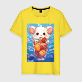 Мужская футболка хлопок с принтом Хомячок в  стакане с ягодами в Петрозаводске, 100% хлопок | прямой крой, круглый вырез горловины, длина до линии бедер, слегка спущенное плечо. | 