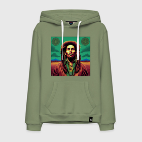 Мужская толстовка хлопок с принтом Digital Art Bob Marley in the field в Санкт-Петербурге, френч-терри, мягкий теплый начес внутри (100% хлопок) | карман-кенгуру, эластичные манжеты и нижняя кромка, капюшон с подкладом и шнурком | Тематика изображения на принте: 