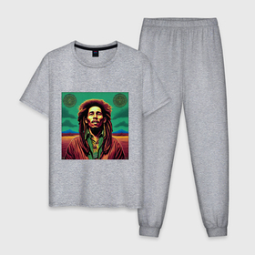Мужская пижама хлопок с принтом Digital Art Bob Marley in the field в Санкт-Петербурге, 100% хлопок | брюки и футболка прямого кроя, без карманов, на брюках мягкая резинка на поясе и по низу штанин
 | 