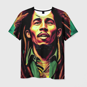 Мужская футболка 3D с принтом Digital Art Bob Marley in the field в Новосибирске, 100% полиэфир | прямой крой, круглый вырез горловины, длина до линии бедер | Тематика изображения на принте: 