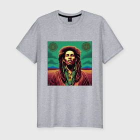 Мужская футболка хлопок Slim с принтом Digital Art Bob Marley in the field в Санкт-Петербурге, 92% хлопок, 8% лайкра | приталенный силуэт, круглый вырез ворота, длина до линии бедра, короткий рукав | Тематика изображения на принте: 