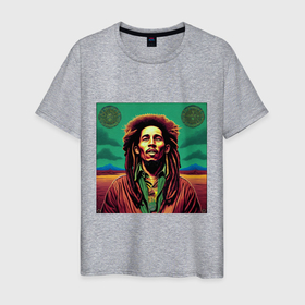 Мужская футболка хлопок с принтом Digital Art Bob Marley in the field в Кировске, 100% хлопок | прямой крой, круглый вырез горловины, длина до линии бедер, слегка спущенное плечо. | 