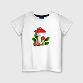 Детская футболка хлопок с принтом Мухоморы и улитка в листьях, акварель в Санкт-Петербурге, 100% хлопок | круглый вырез горловины, полуприлегающий силуэт, длина до линии бедер | 