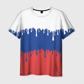 Мужская футболка 3D с принтом Флаг России   потёки , 100% полиэфир | прямой крой, круглый вырез горловины, длина до линии бедер | 