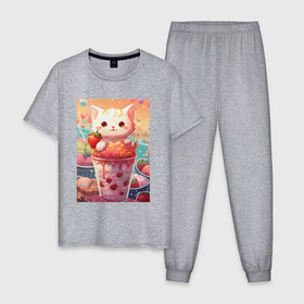Мужская пижама хлопок с принтом Ягодный котик в Тюмени, 100% хлопок | брюки и футболка прямого кроя, без карманов, на брюках мягкая резинка на поясе и по низу штанин
 | 