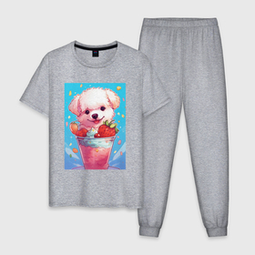 Мужская пижама хлопок с принтом Клубничный щенок в Тюмени, 100% хлопок | брюки и футболка прямого кроя, без карманов, на брюках мягкая резинка на поясе и по низу штанин
 | 