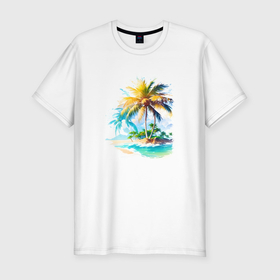 Мужская футболка хлопок Slim с принтом Tropical Paradise в Белгороде, 92% хлопок, 8% лайкра | приталенный силуэт, круглый вырез ворота, длина до линии бедра, короткий рукав | 