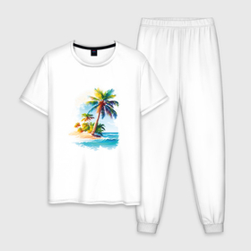 Мужская пижама хлопок с принтом Palm Tree Serenity в Белгороде, 100% хлопок | брюки и футболка прямого кроя, без карманов, на брюках мягкая резинка на поясе и по низу штанин
 | Тематика изображения на принте: 