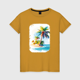 Женская футболка хлопок с принтом Palm Tree Serenity в Белгороде, 100% хлопок | прямой крой, круглый вырез горловины, длина до линии бедер, слегка спущенное плечо | 