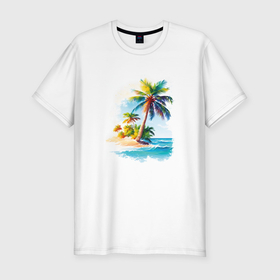 Мужская футболка хлопок Slim с принтом Palm Tree Serenity в Белгороде, 92% хлопок, 8% лайкра | приталенный силуэт, круглый вырез ворота, длина до линии бедра, короткий рукав | Тематика изображения на принте: 