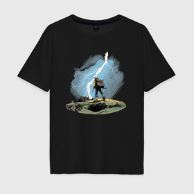 Мужская футболка хлопок Oversize с принтом Дурак на холме ловит молнию в Курске, 100% хлопок | свободный крой, круглый ворот, “спинка” длиннее передней части | 