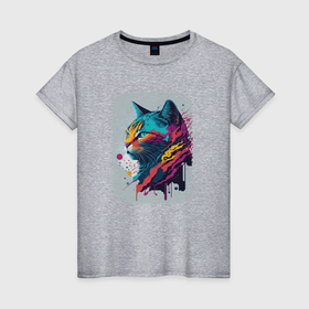 Женская футболка хлопок с принтом Colorful Whiskers в Курске, 100% хлопок | прямой крой, круглый вырез горловины, длина до линии бедер, слегка спущенное плечо | 