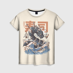 Женская футболка 3D с принтом Суши дракон с иероглифами в японском стиле , 100% полиэфир ( синтетическое хлопкоподобное полотно) | прямой крой, круглый вырез горловины, длина до линии бедер | 
