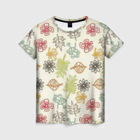 Женская футболка 3D с принтом Цветы и листочки в Кировске, 100% полиэфир ( синтетическое хлопкоподобное полотно) | прямой крой, круглый вырез горловины, длина до линии бедер | 