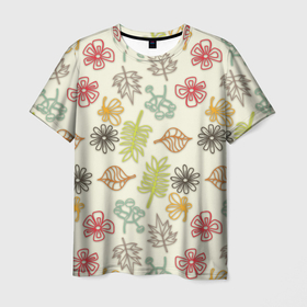 Мужская футболка 3D с принтом Цветы и листочки в Тюмени, 100% полиэфир | прямой крой, круглый вырез горловины, длина до линии бедер | 