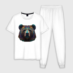 Мужская пижама хлопок с принтом Красочный медведь   нейросеть в Санкт-Петербурге, 100% хлопок | брюки и футболка прямого кроя, без карманов, на брюках мягкая резинка на поясе и по низу штанин
 | Тематика изображения на принте: 