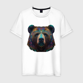 Мужская футболка хлопок с принтом Красочный медведь   нейросеть в Санкт-Петербурге, 100% хлопок | прямой крой, круглый вырез горловины, длина до линии бедер, слегка спущенное плечо. | 