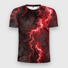 Мужская футболка 3D Slim с принтом Red lightning в Петрозаводске, 100% полиэстер с улучшенными характеристиками | приталенный силуэт, круглая горловина, широкие плечи, сужается к линии бедра | 