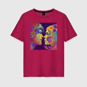 Женская футболка хлопок Oversize с принтом Влюблённая пара красочно   нейросеть в Курске, 100% хлопок | свободный крой, круглый ворот, спущенный рукав, длина до линии бедер
 | 