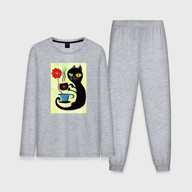 Мужская пижама с лонгсливом хлопок с принтом Black Cat drinks coffee ,  |  | Тематика изображения на принте: 