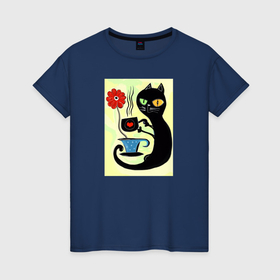 Женская футболка хлопок с принтом Black Cat drinks coffee , 100% хлопок | прямой крой, круглый вырез горловины, длина до линии бедер, слегка спущенное плечо | Тематика изображения на принте: 