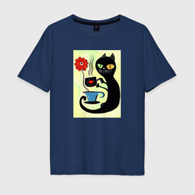 Мужская футболка хлопок Oversize с принтом Black Cat drinks coffee в Тюмени, 100% хлопок | свободный крой, круглый ворот, “спинка” длиннее передней части | 