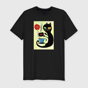 Мужская футболка хлопок Slim с принтом Black Cat drinks coffee в Санкт-Петербурге, 92% хлопок, 8% лайкра | приталенный силуэт, круглый вырез ворота, длина до линии бедра, короткий рукав | Тематика изображения на принте: 