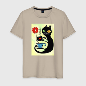 Мужская футболка хлопок с принтом Black Cat drinks coffee в Тюмени, 100% хлопок | прямой крой, круглый вырез горловины, длина до линии бедер, слегка спущенное плечо. | 