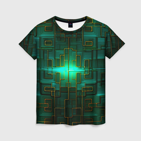 Женская футболка 3D с принтом Тёмно зелёная электросхема , 100% полиэфир ( синтетическое хлопкоподобное полотно) | прямой крой, круглый вырез горловины, длина до линии бедер | 